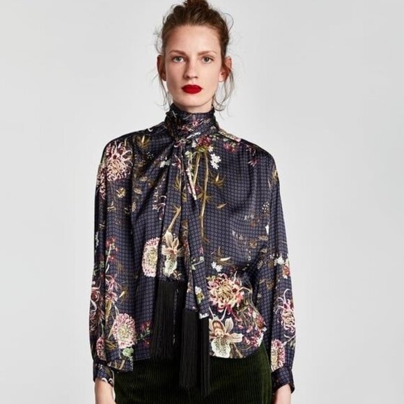 Zara Woman Tops - Zara Woman Blue Floral Blouse With Fringe And Bow Small 3/4 sleeves